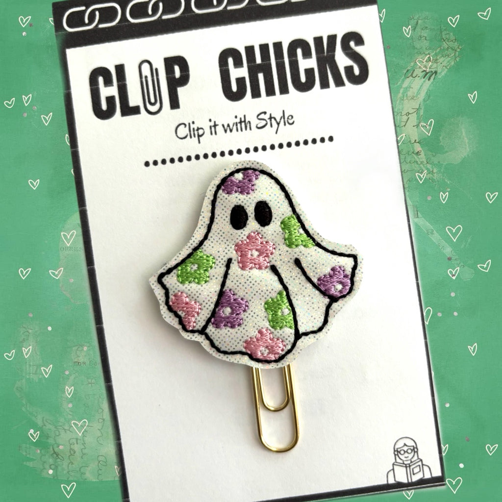 Clip Chicks' Flower power Ghost novelty paper clip is shown in its package.