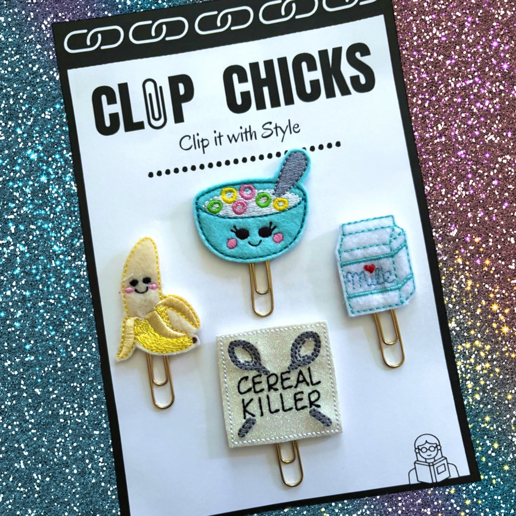 Clip Chicks' Cereal Killers set of four novelty paper clips are shown in the package.