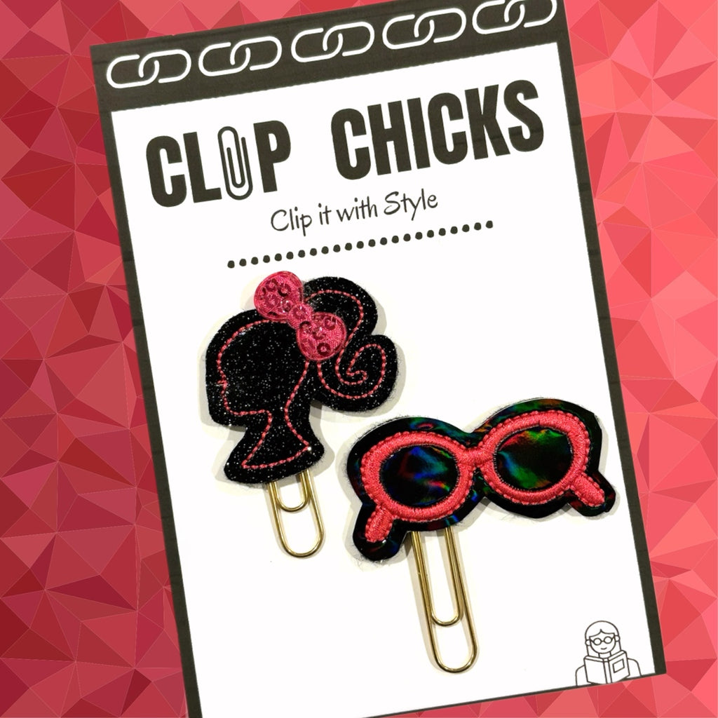 Clip Chicks' Barbie-inspired Doll and Sunglasses set of novelty paper clips are shown in its package.