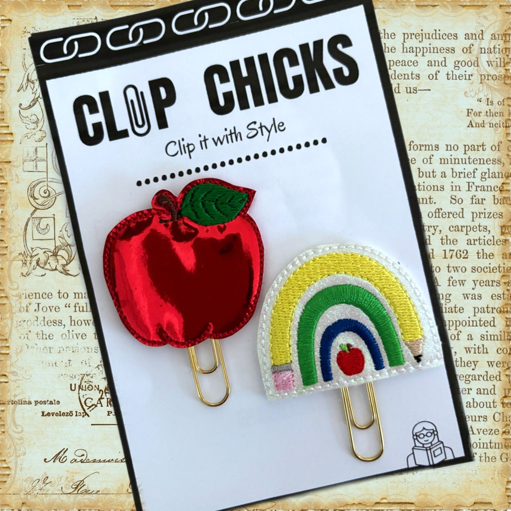 Clip Chicks' Apple & School Rainbow  novelty paper clips are shown in their packaging.