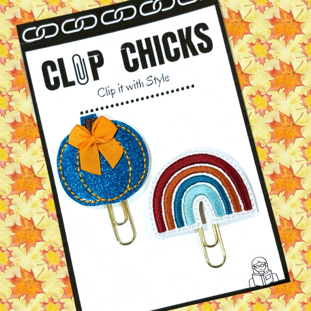 Clip Chicks' Blue Pumpkin and Autumn Rainbow set of novelty paper clips are shown in its package.