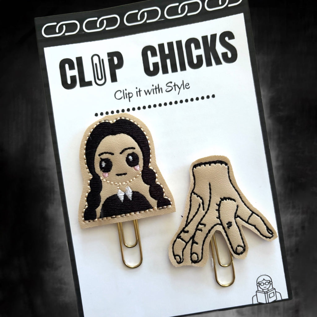 Clip Chicks' Goth Girl and Her Thing novelty paper clips are shown in the package.