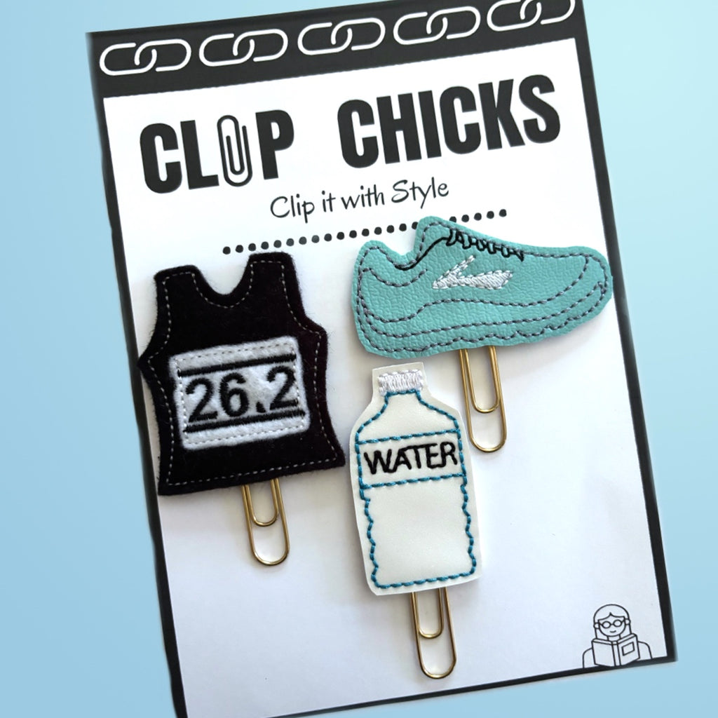 Clip Chicks' Runner Essentials set of novelty paper clips are shown in its packaging.