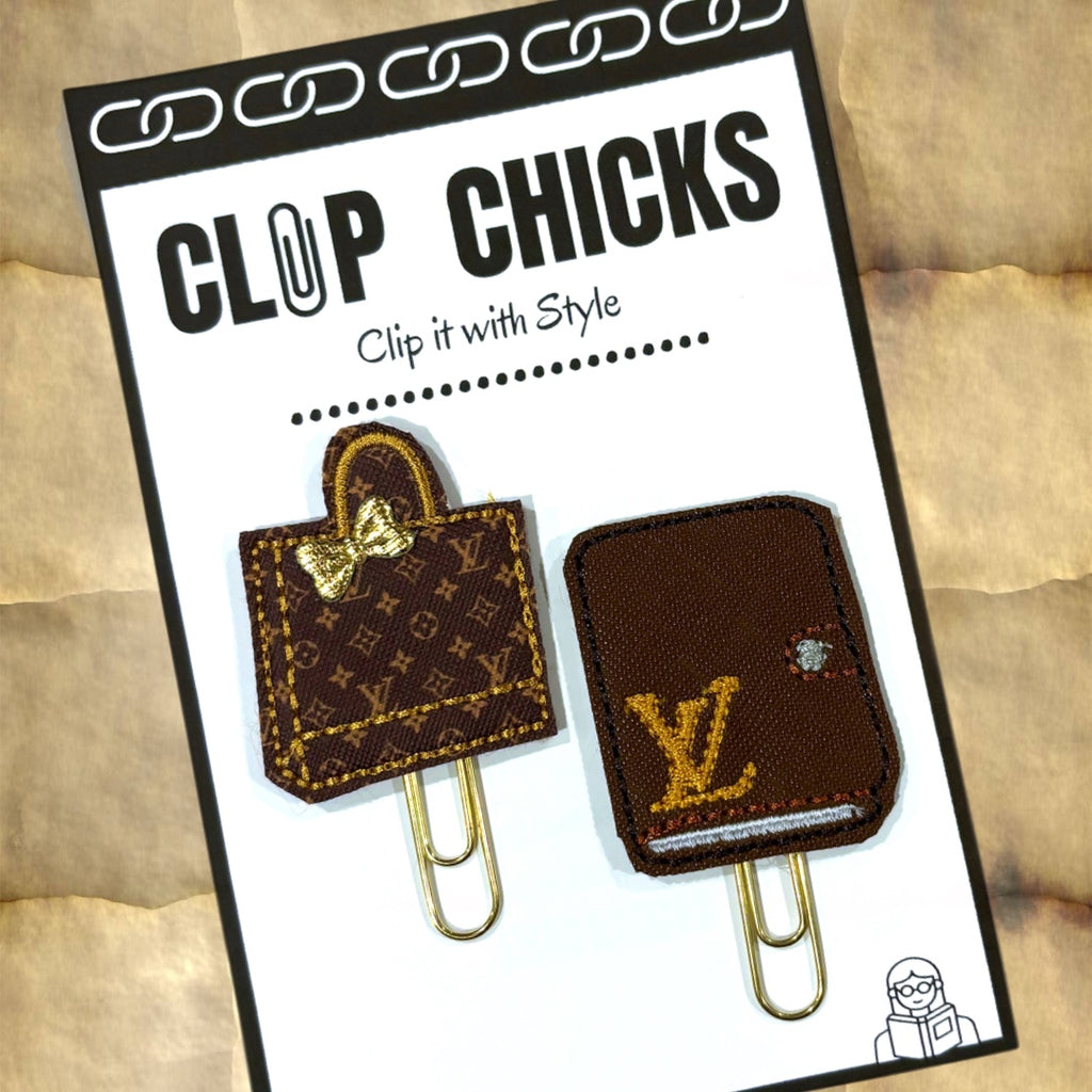 Clip Chicks' LV-inspired novelty paper clips in a package.