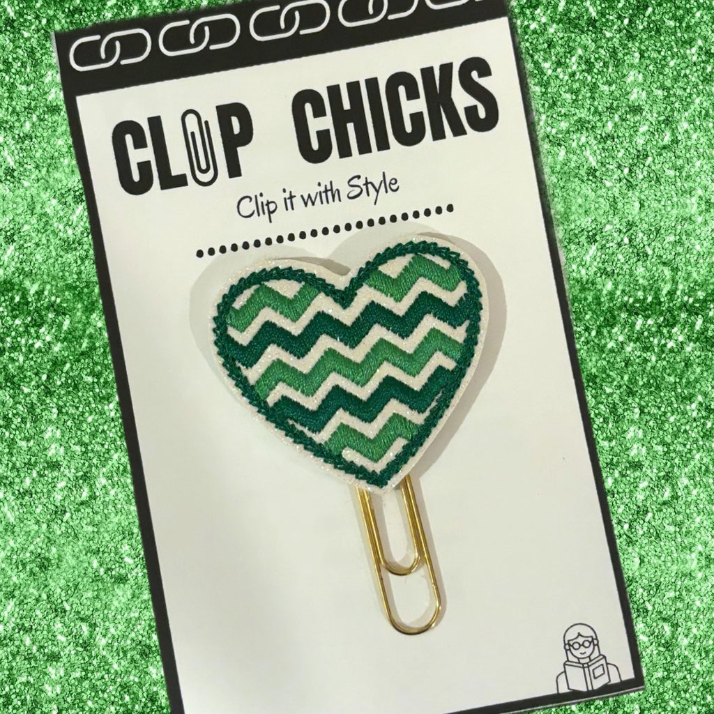 Clip Chicks' Green Chevron Heart paper clip is shown in its package.