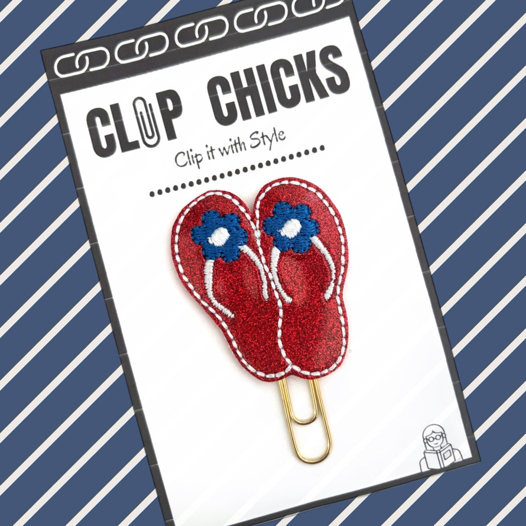 Clip Chicks' Patriotic Flip Flops novelty paper clip is shown in its adorable packaging, making it a perfect gift for summer reading, writing and organizing enthusiasts. 