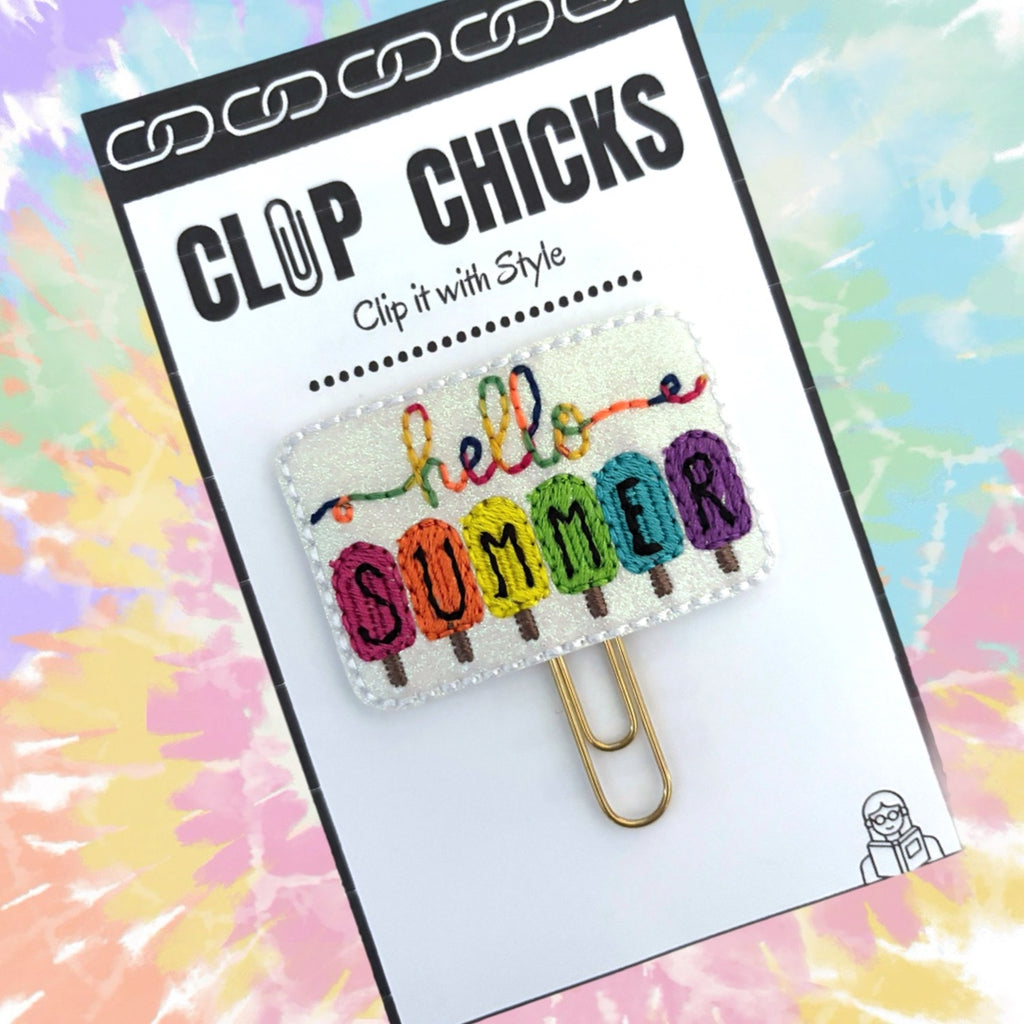 Clip Chicks' Hello Summer multi-colored novelty paper clip, shown in its adorable packaging.