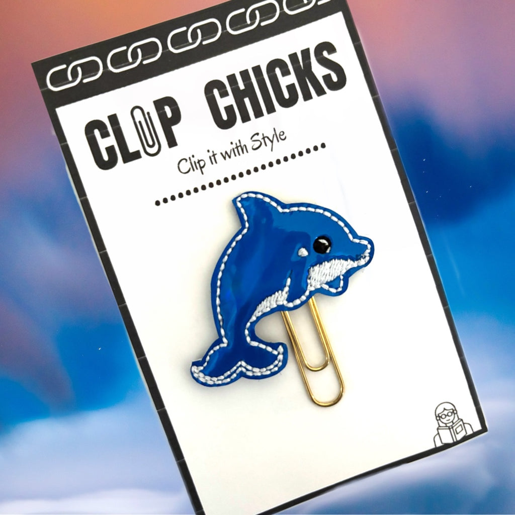 Clip Chicks' Dolphin novelty paper clip shown in its cute package, and ready for gift giving.