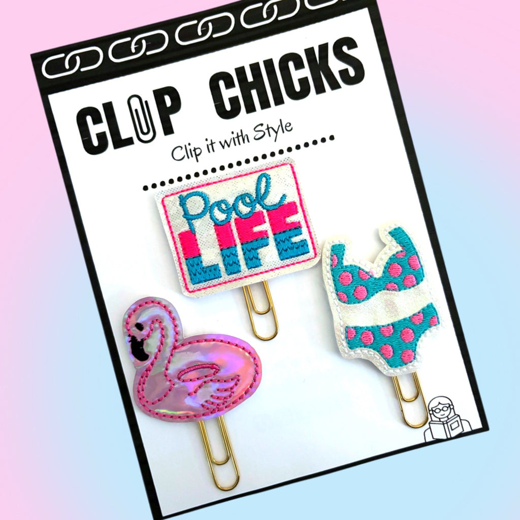 Clip Chicks' novelty paper clips set of three Pool Life, summer themed paper clips.