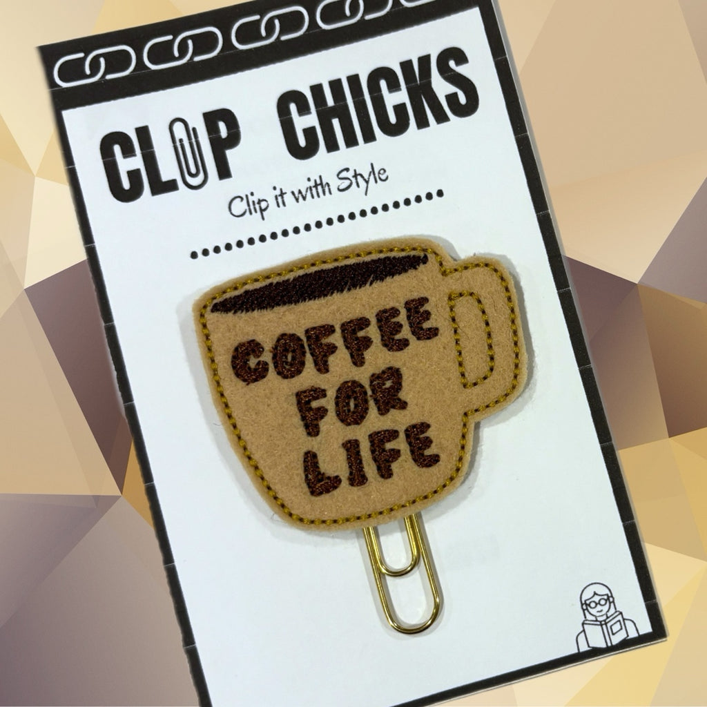 Clip Chicks' Coffee for Life paper clip is shown in its adorable packaging.