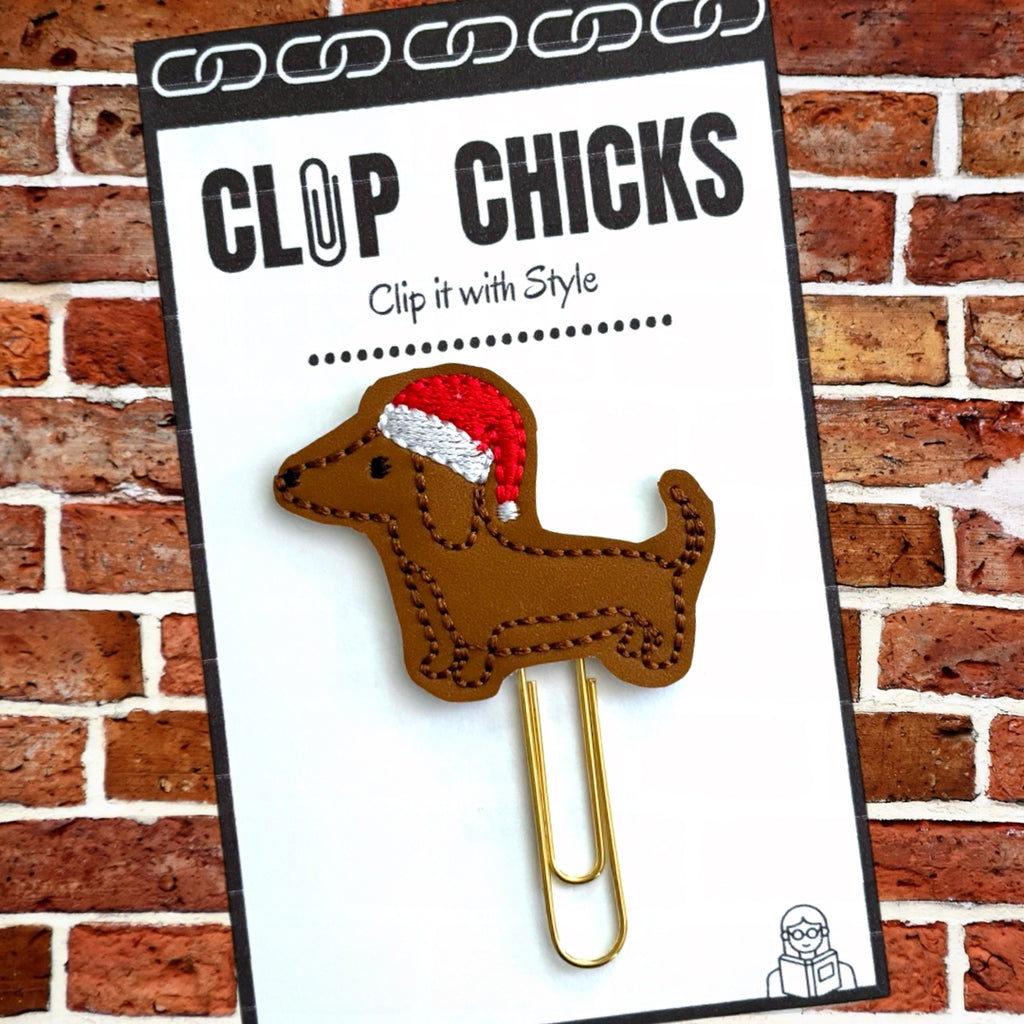 Clip chicks' Christmas Dachshund novelty paper clip is shown in its package.