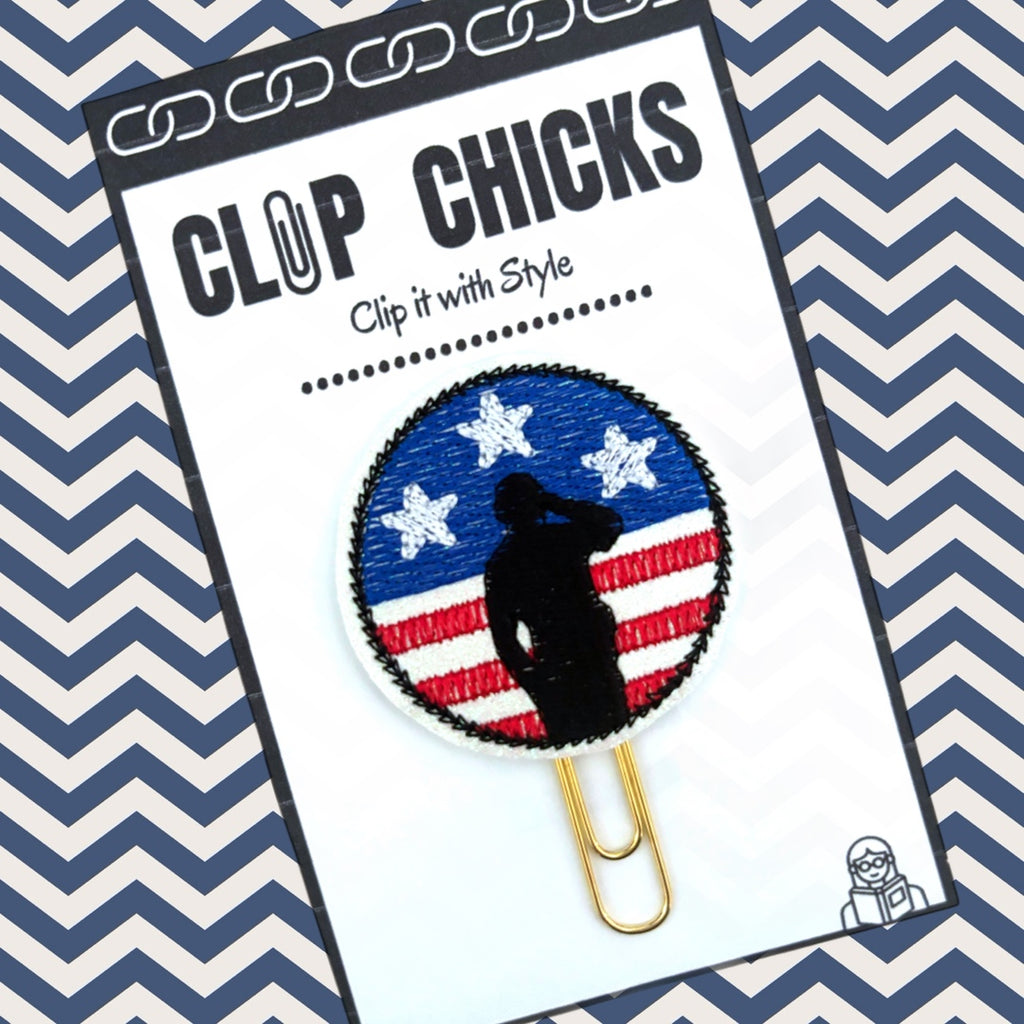 Clip Chicks Thank You for Your Service novelty paper clip is shown in its package against a blue and white chevron background.