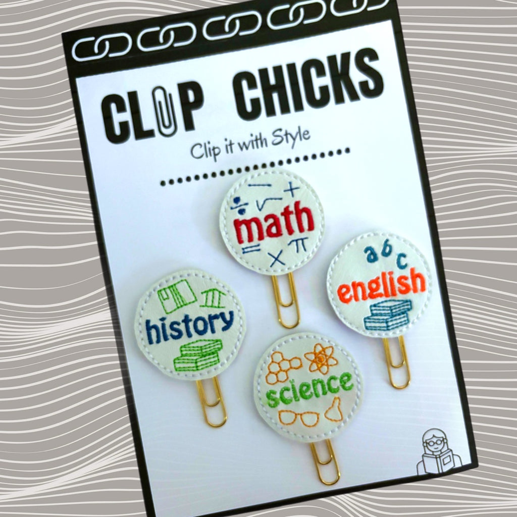 Clip Chicks' set of 4 School Subject novelty paper clips are shown in their package.