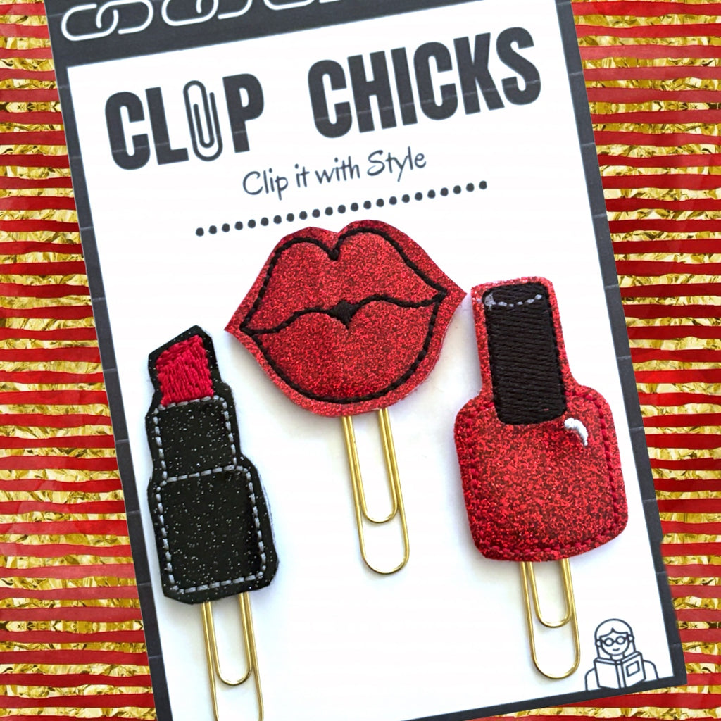 Clip Chicks' Nail Polish, Lips and Lipstick set of three novelty paper clips are shown in their package.