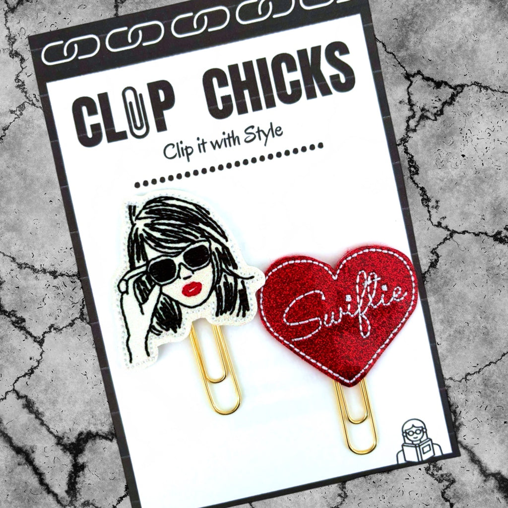 Taylor Swift inspired set of two Clip Chicks novelty paper clips are shown in the package.