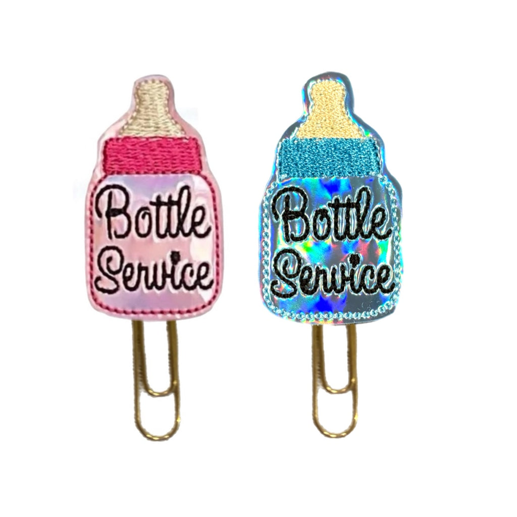 A pink and a blue Bottle Service novelty paper clips are shown against a white background.