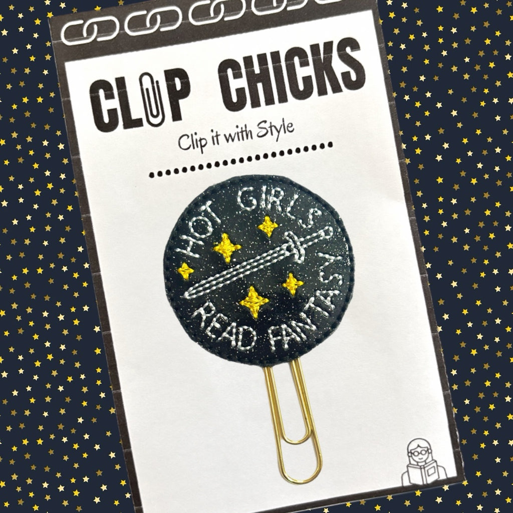 Hot Girls Read Fantasy Clip Chicks' novelty paper clip is shown in the package against a starry background.