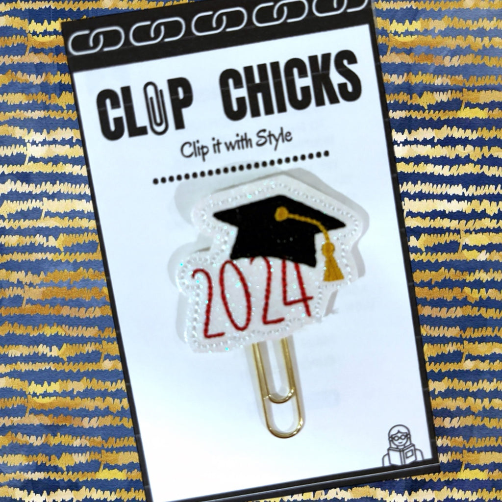 Clip chicks' Graduation 2024 novelty paper clip is shown in iots package, ready for gifting.