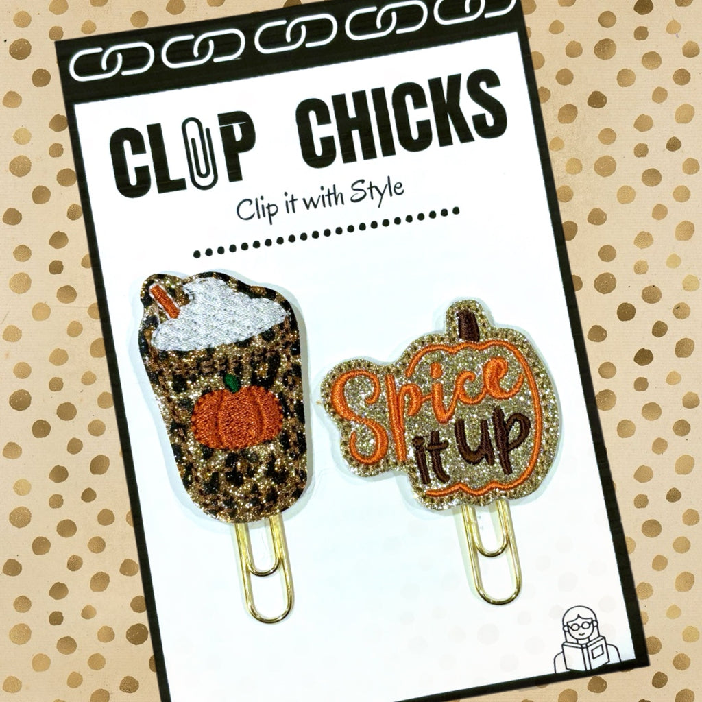 Clip Chicks' Spice It Up set of two novelty fall themed paper clips are shown in the package.