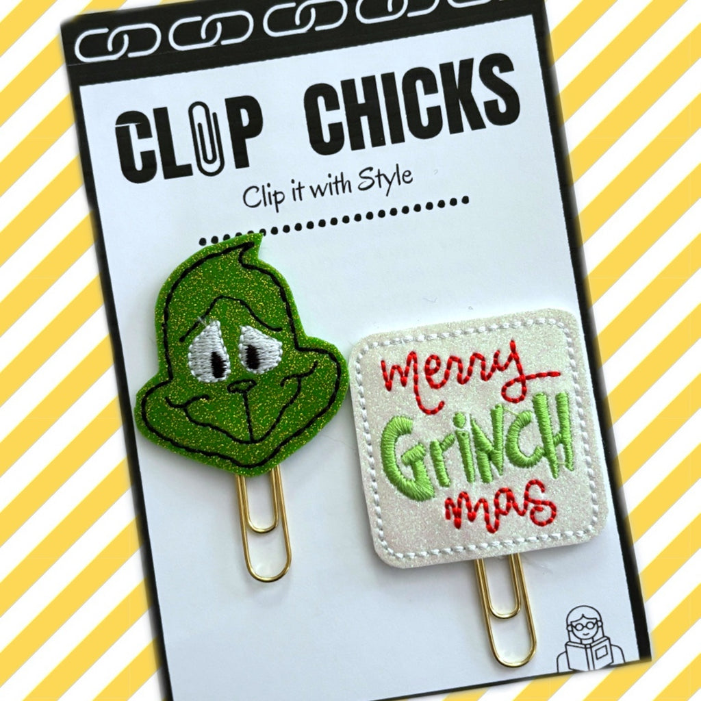 Clip Chicks' Merry Grinch-mas set of two novelty paper clips are shown in their package.