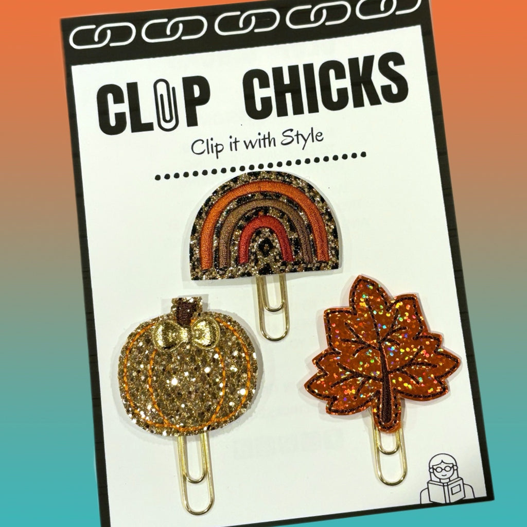 Clip Chicks' Fall leaf, Pumpkin and Rainbow shimmery paper clips in their package. 