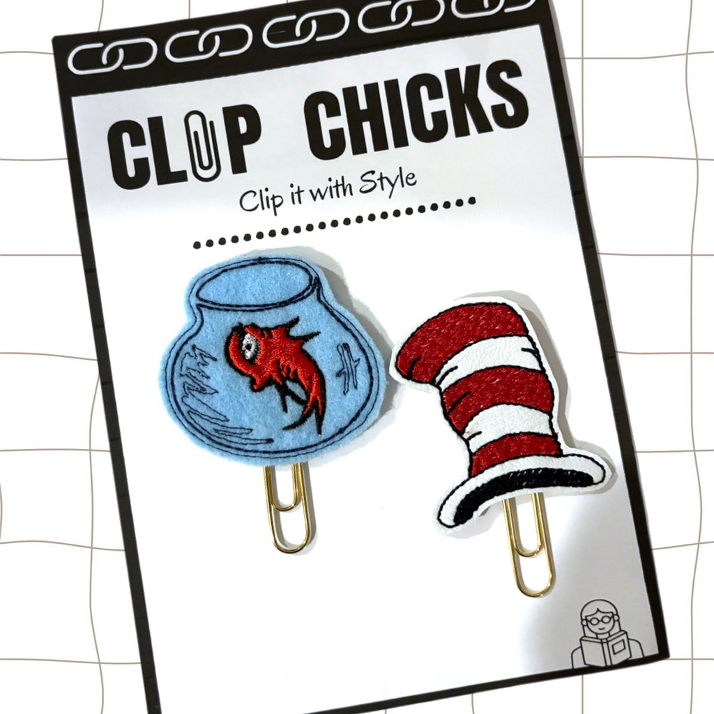 Clip Chicks' Silly hat and Red Fish novelty paper clips are inspired by The Cat in the Hat, and are shown in their cute package.