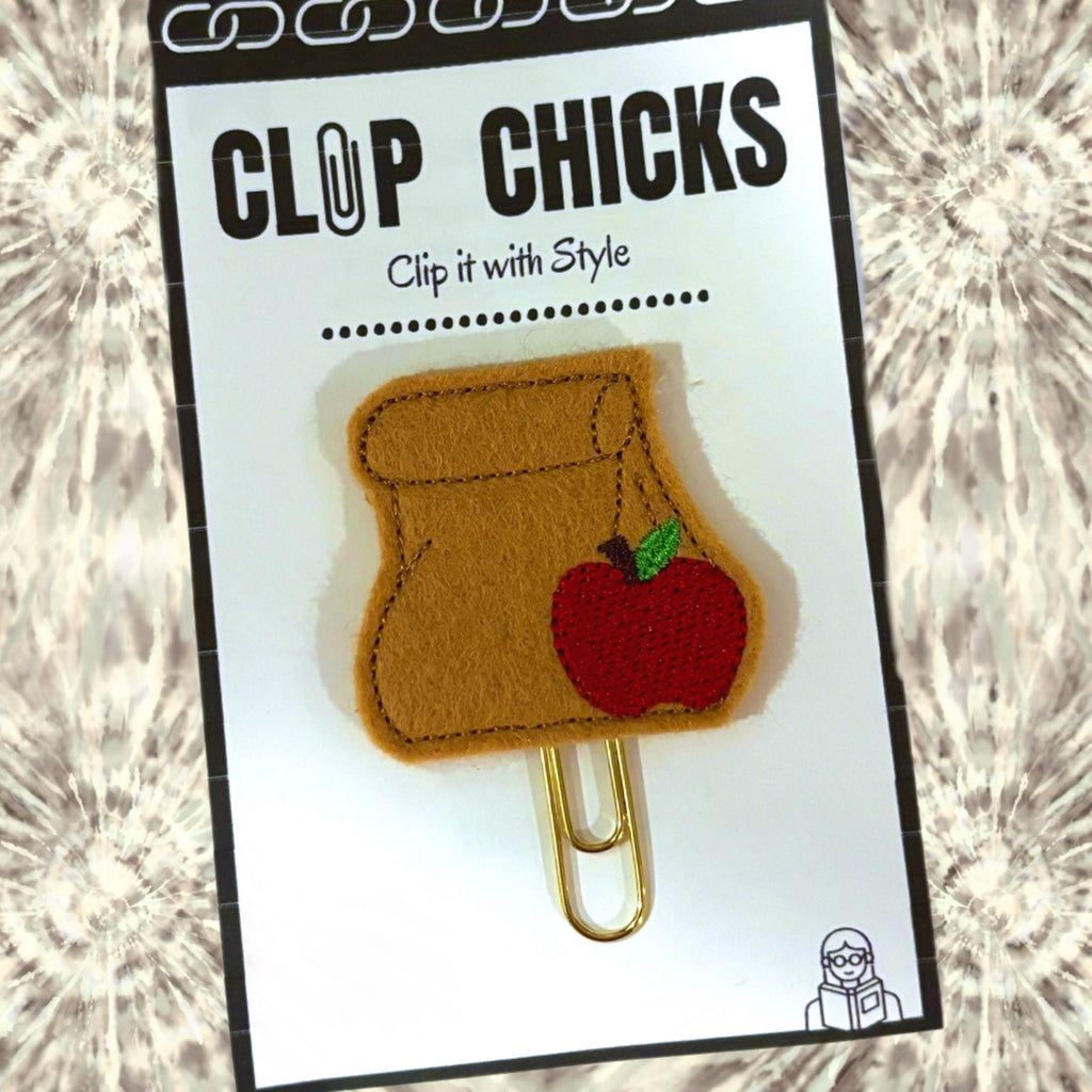 Brown bag Lunch novelty paper clip from Clip Chicks is shown in its package, great for use at school and home.