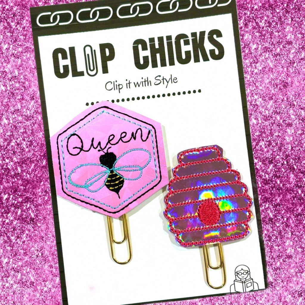 Clip Chicks Queen Bee and Bee Hive set of paper clips in their packaging.