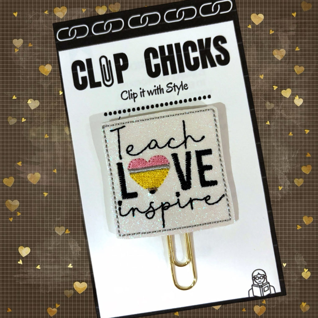 Clip Chicks' Teach, Love, Inspire novelty paper clip is shown in its. cute packaging, and is ready for gifting.