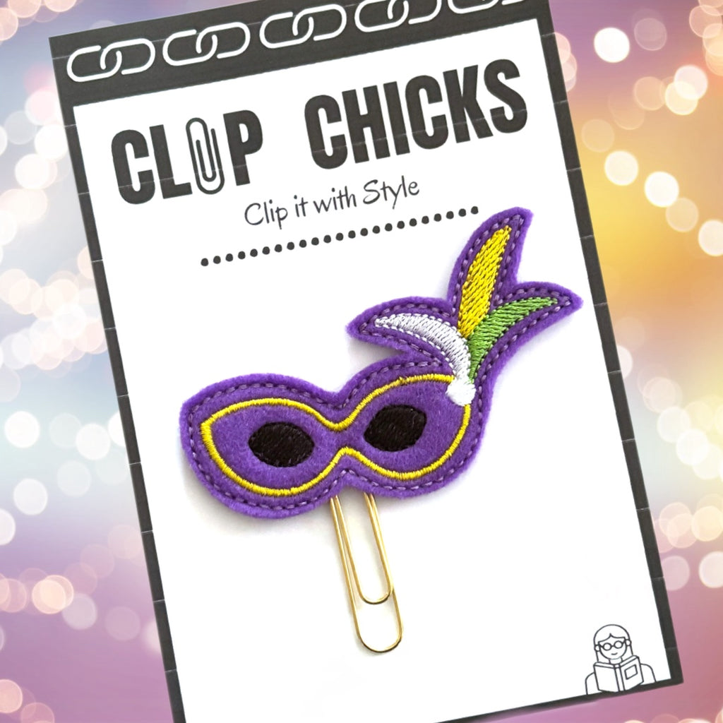 Clip Chicks' Mardi gras Mask novelty paper clip is shown in its packaging.