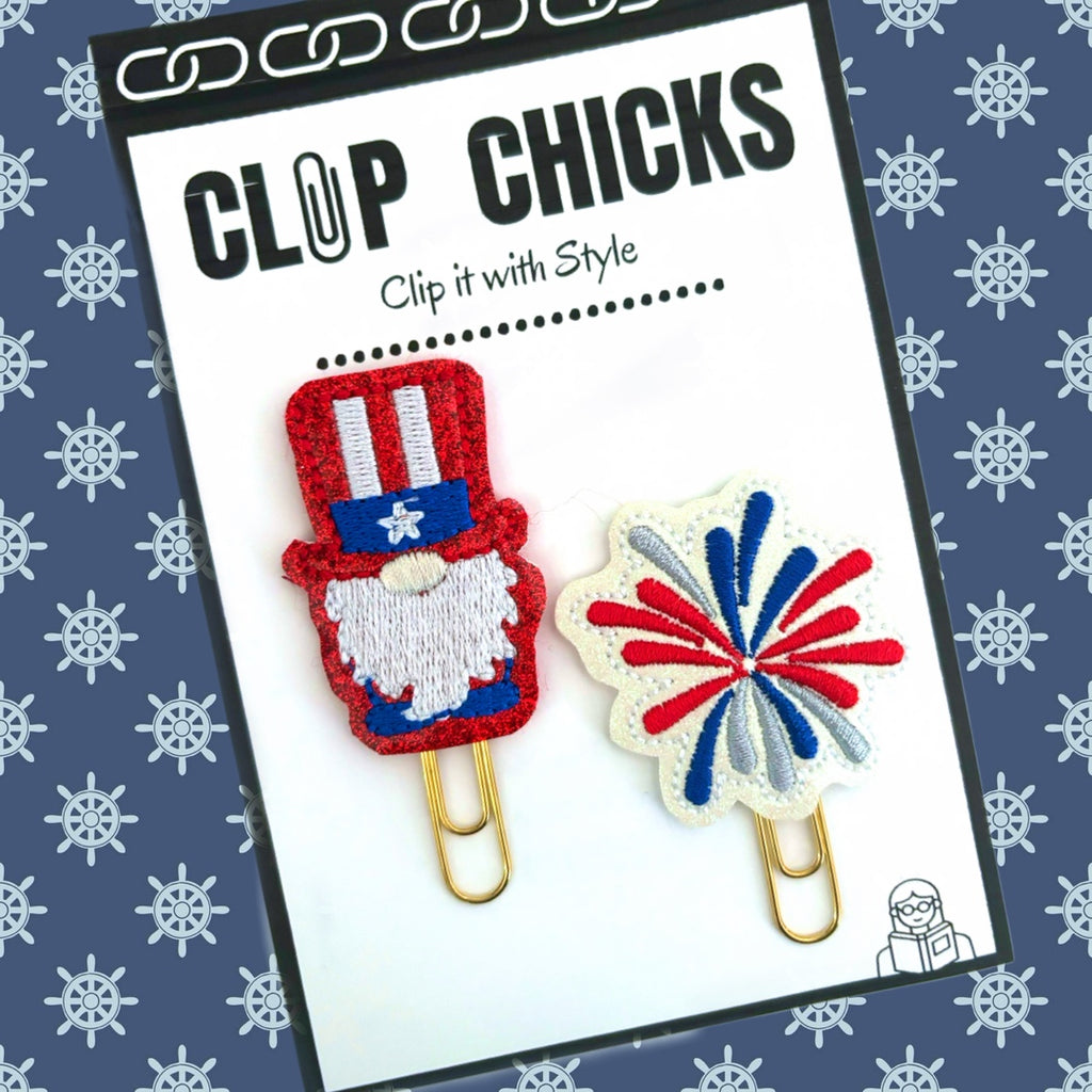 Clip Chicks' Uncle Sam and Fireworks set of novelty paper clips are shown in their adorable packaging on a nautical background.