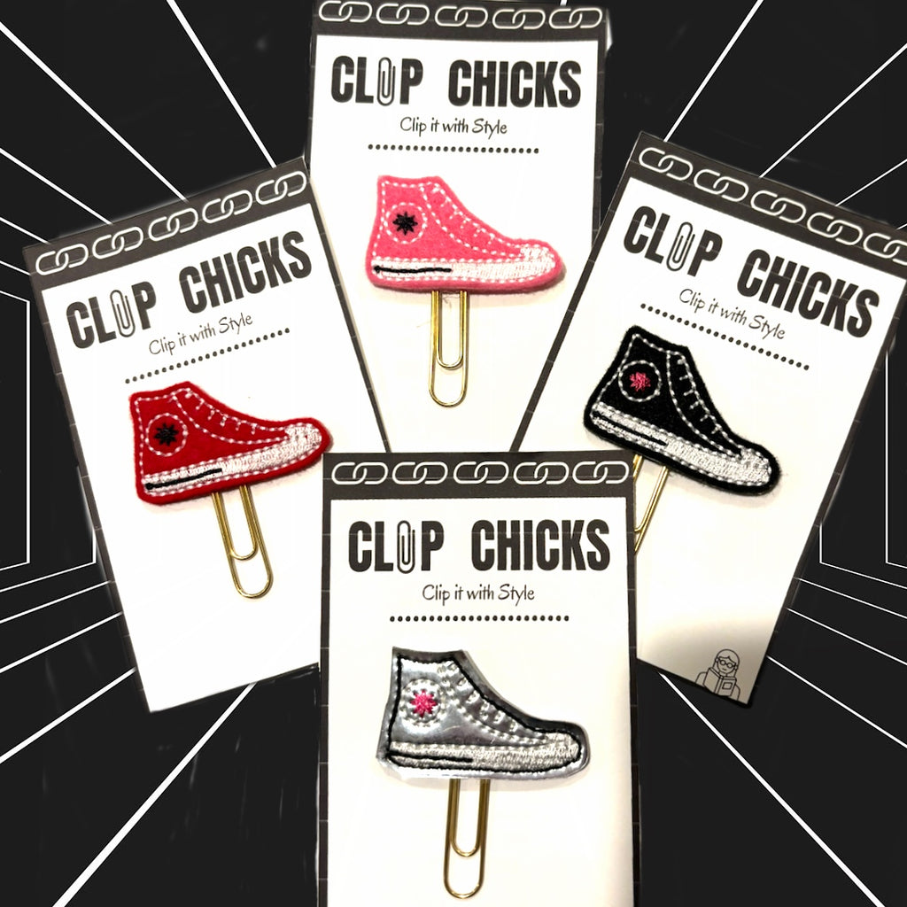 All four colors of Clip Chicks' Sneaker novelty paper clips are shown in this picture.