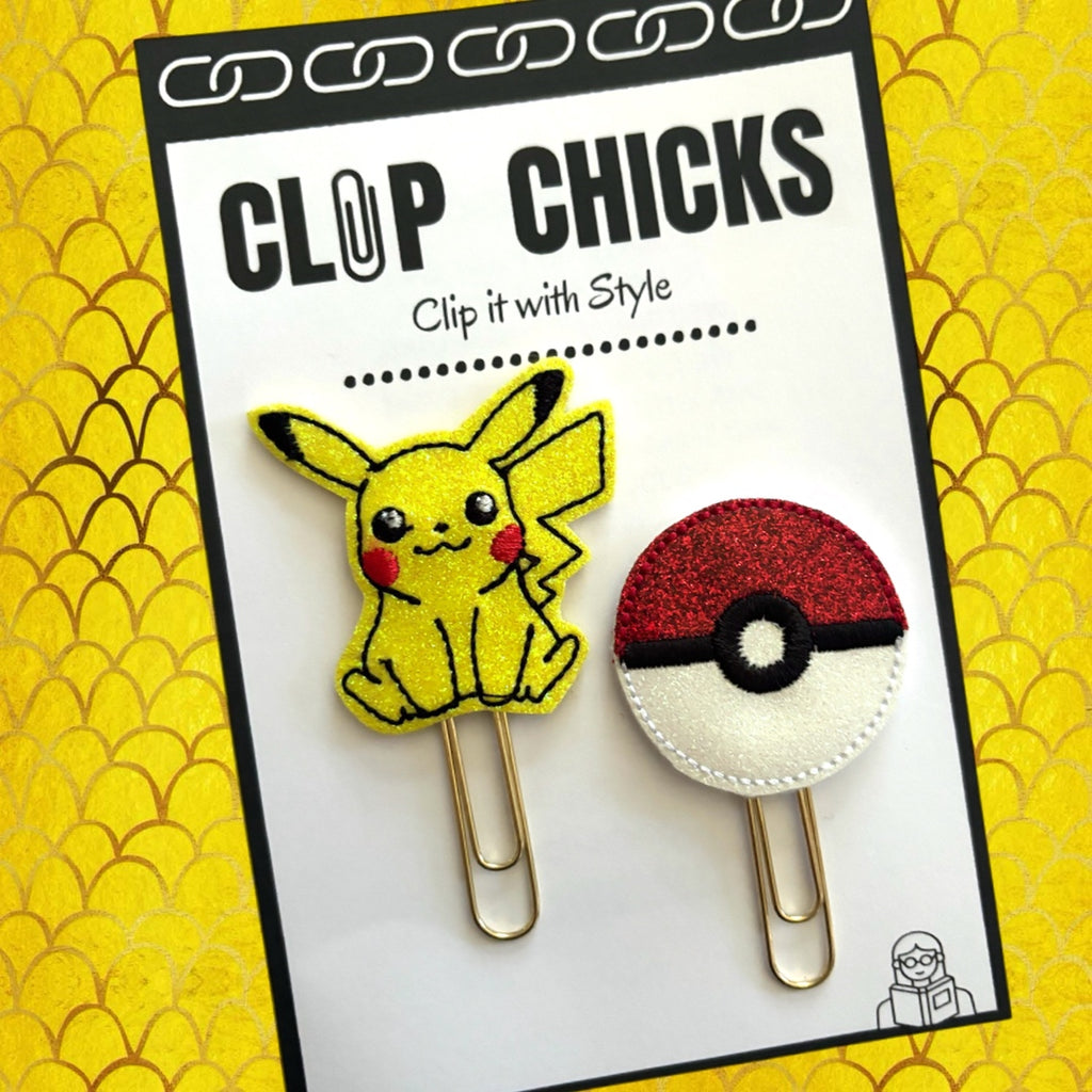 Pokemon-inspired Battle Ball and Yellow Mascot novelty paper clip set from Clip Chicks is shown in its package.