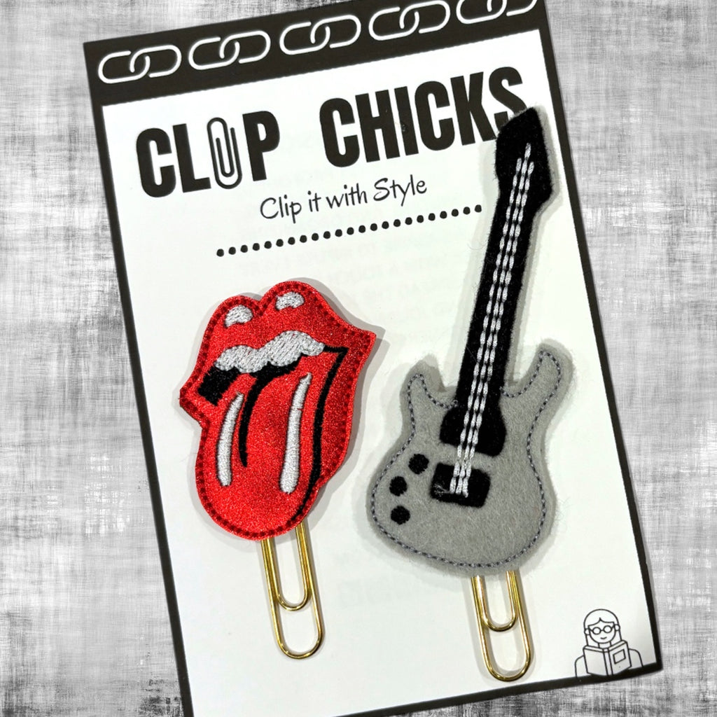 Clip Chicks' Rock Lips and Guitar set of novelty paper clips are shown in a package.