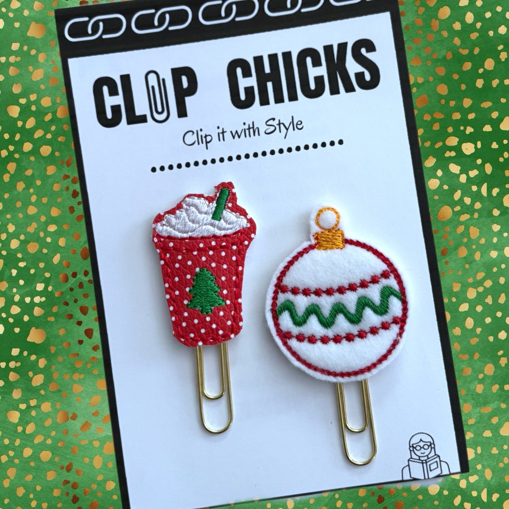 Clip Chicks' Ornament and peppermint Latte set of novelty paper clips are shown in their package.