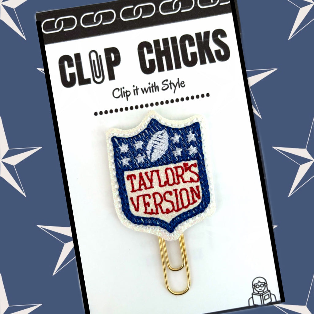 Clip Chicks' Taylor's Version novelty paper clip in its package against a blue and white star background.