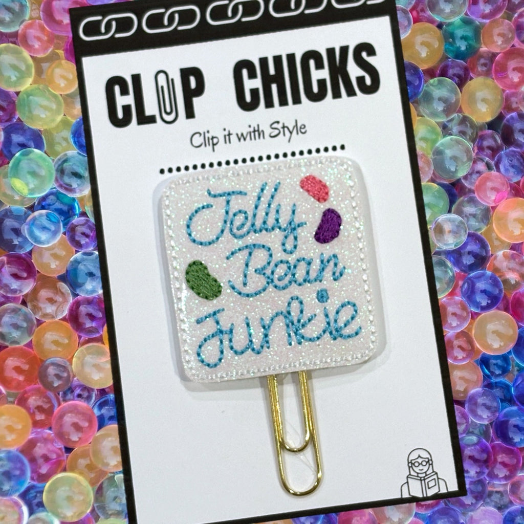 Clip chicks' Jelly Bean Junkie novelty paper clip is shown in its package.