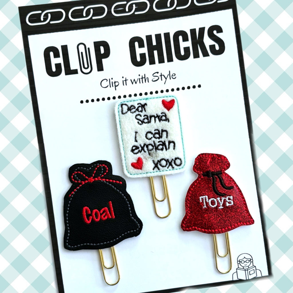 Clip Chicks' Toys or Coal set of three novelty paper clips are shown in their package.