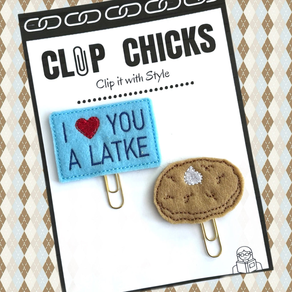 Clip Chicks' Love You a Latke set of two novelty paper clips are shown in their package.