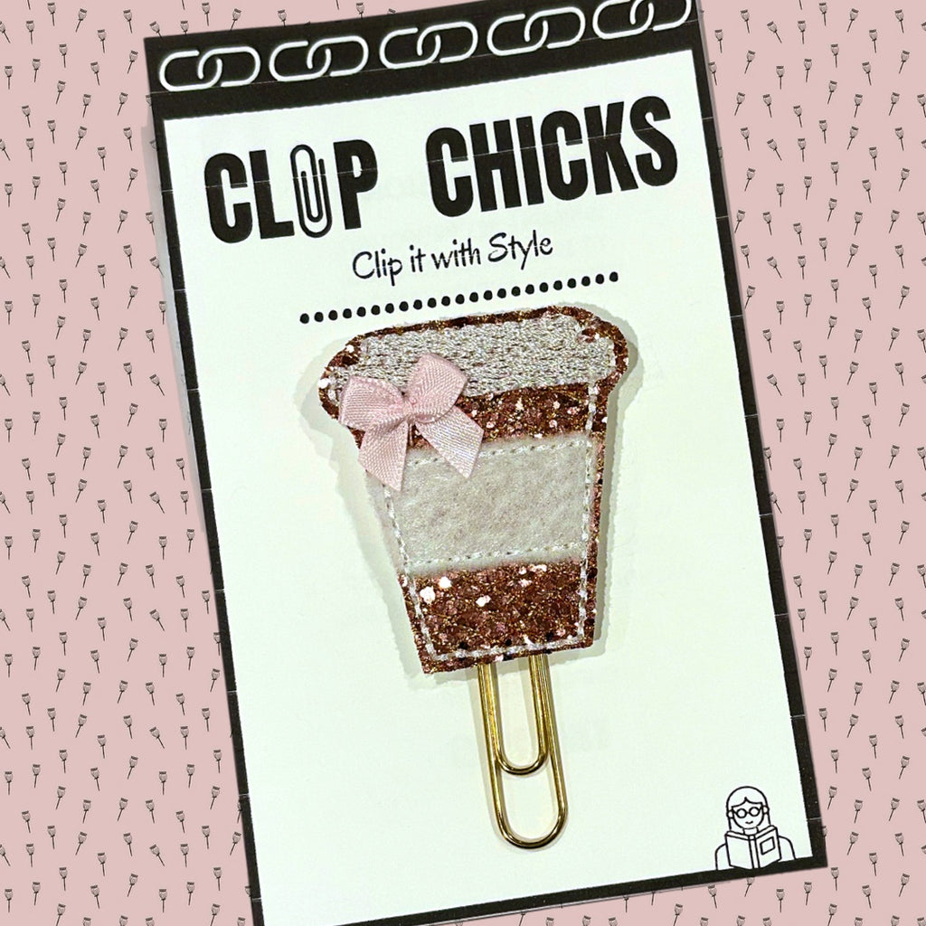 Clip Chicks' Glittery Coffee Cup novelty paper clip is shown in its cute packaging.