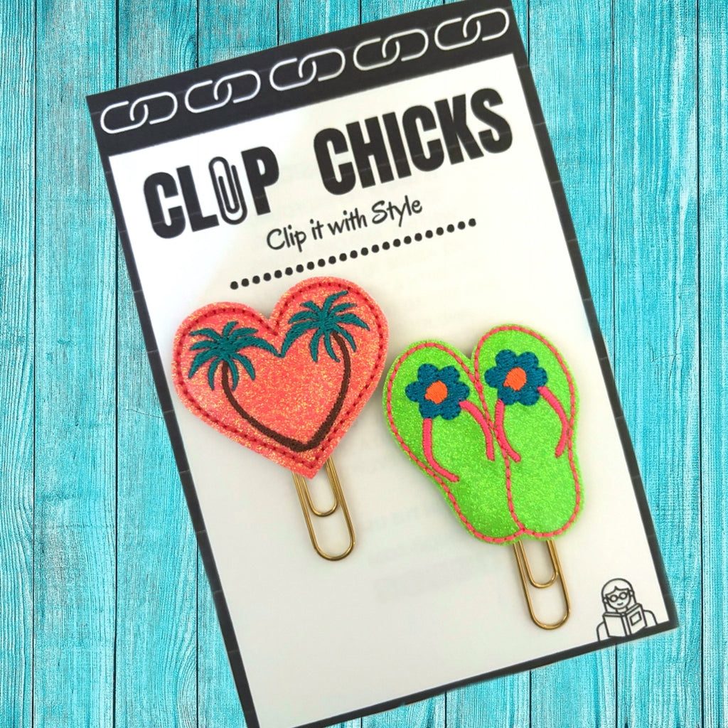 Clip Chicks set of two Palm Heart and Flip Flops novelty paper clips shown in its cute package, making it an easy and fun gift for under $10.