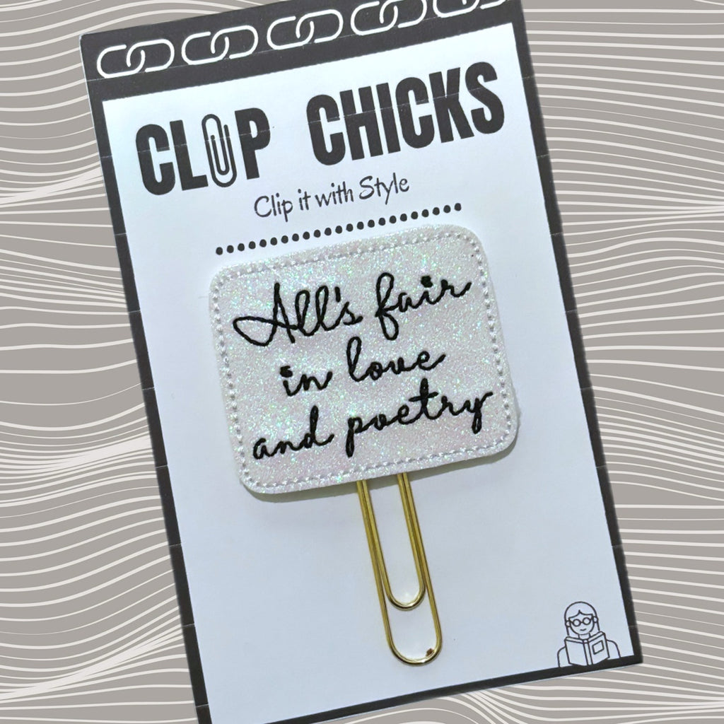 Clip Chicks' All's Fair in Love and Poetry novelty paper clip is shown in its package.