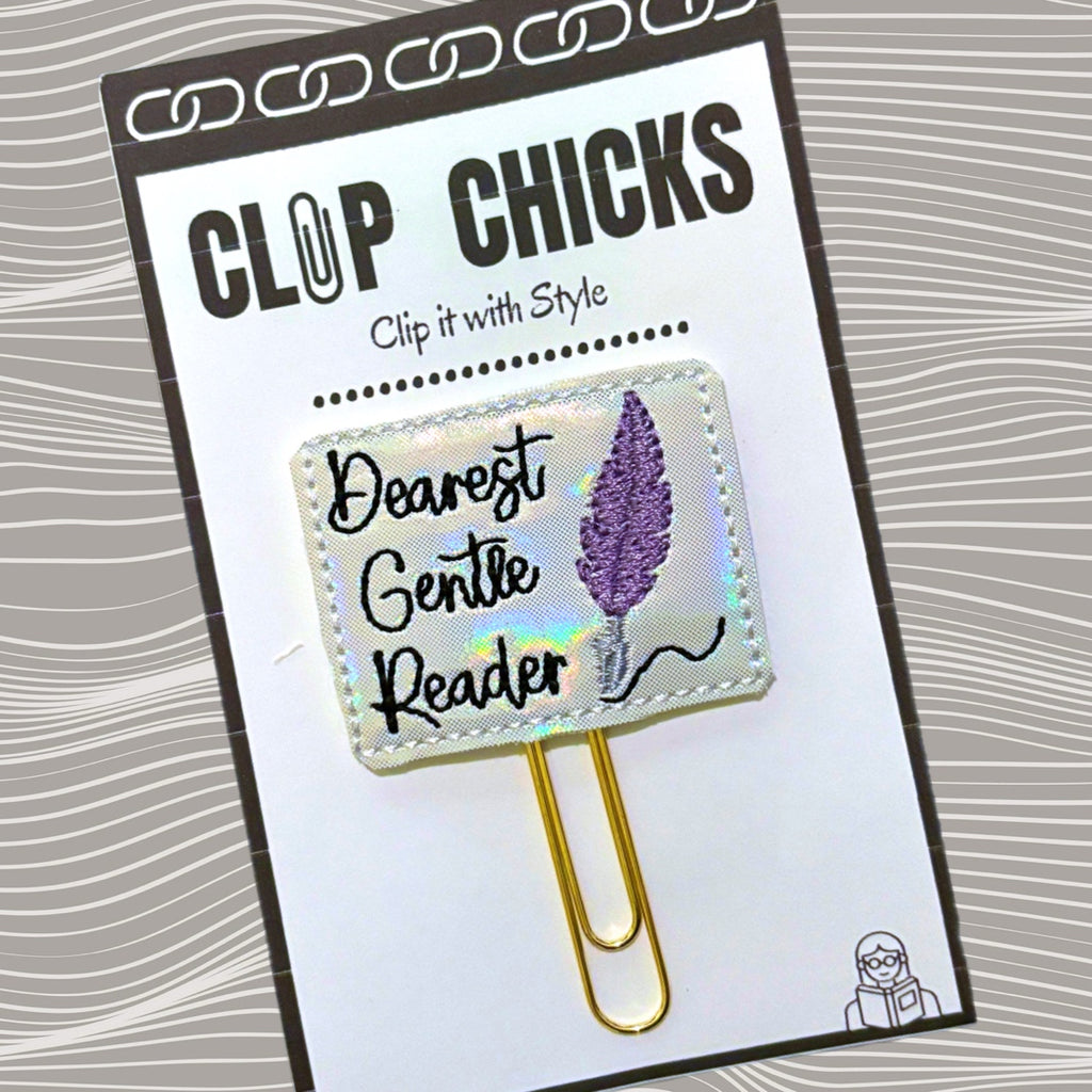 Clip Chicks' Dearest Gentle Reader novelty paper clip is shown in its package.