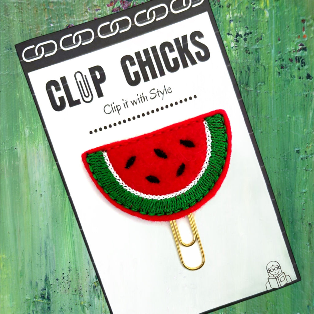 Clip Chicks' Watermelon paper clip, shaped from red felt with green, black and white embroidery then attached to a gold toned paper clip to use as a bookmark, planner clip and paper organizer. 