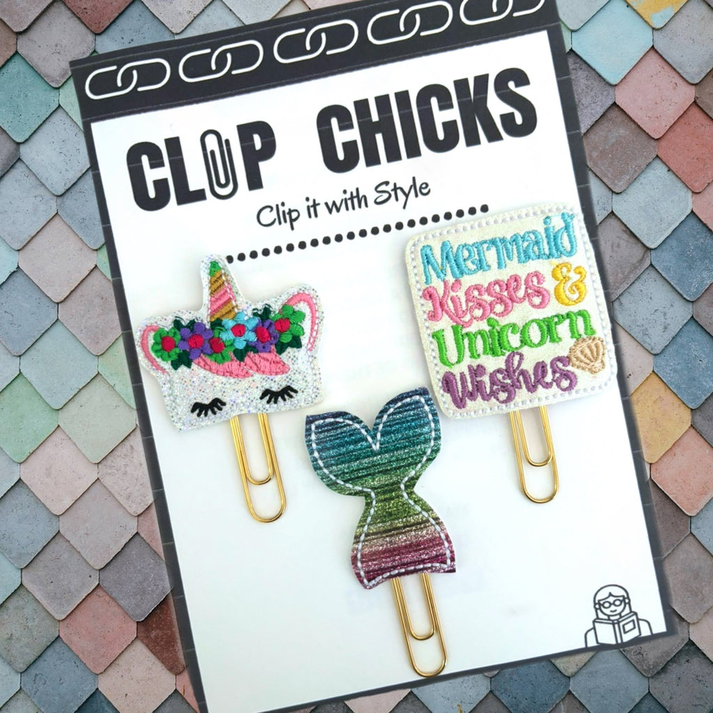 Mermaid and Unicorn Trio of novelty paper clips from Clip Chicks are shown in the packaging.