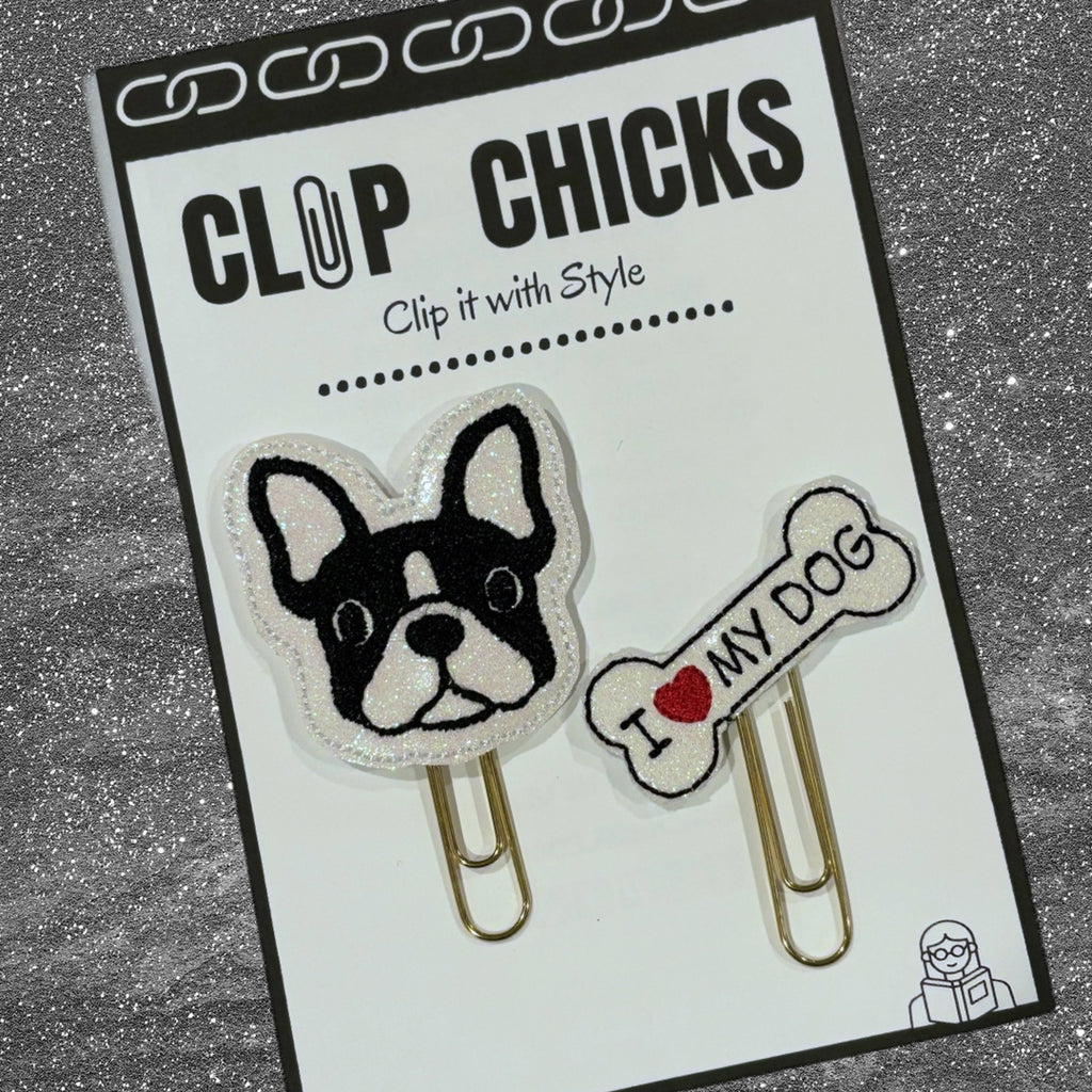 Clip Chicks Boston terrier and Bone set of novelty paper clips are shown in their packaging.