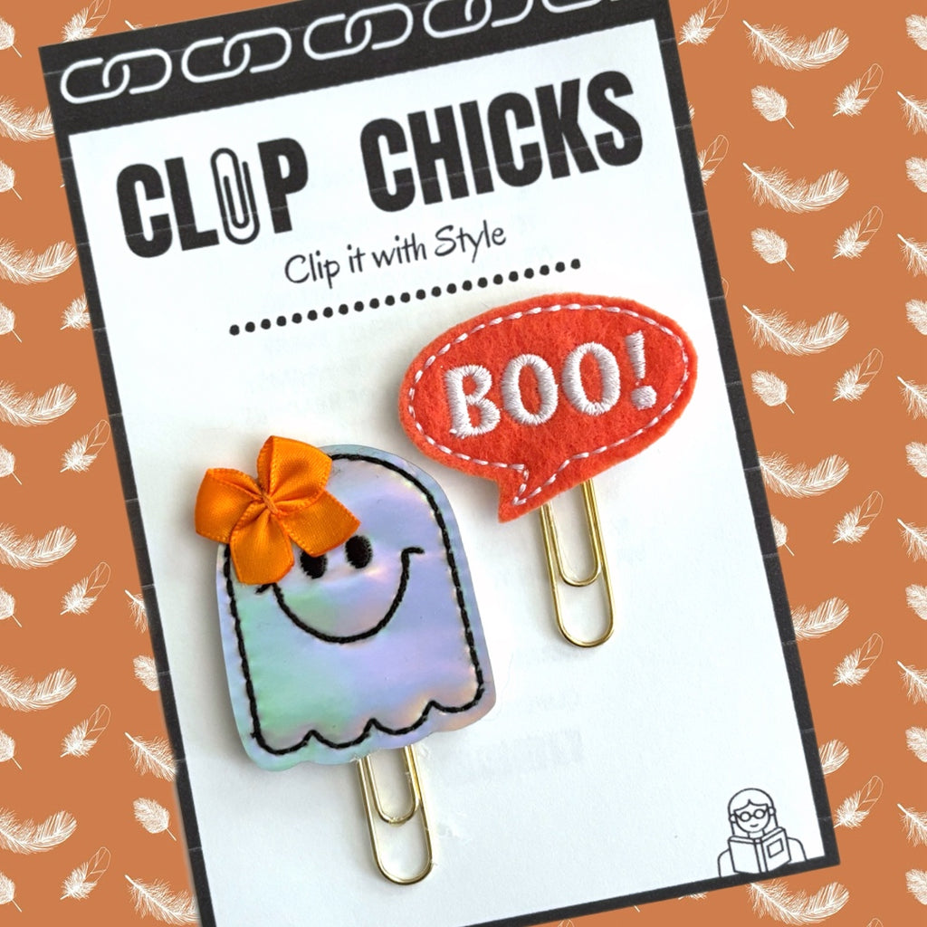 Clip Chicks' Boo-ing Ghost set of navelty paper clips is shown in its package.