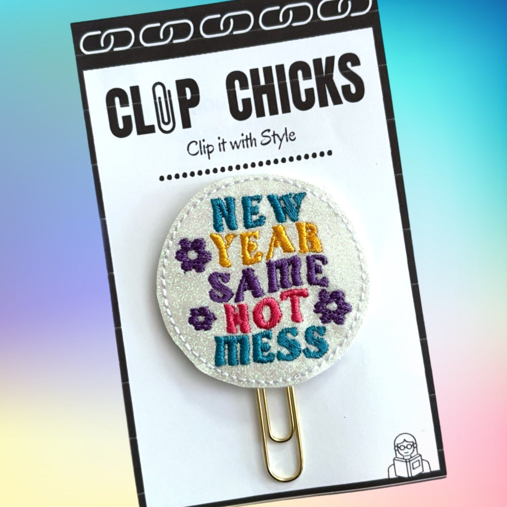 Clip Chicks' New Year, Same Hot Mess novelty paper clip is shown in its package.