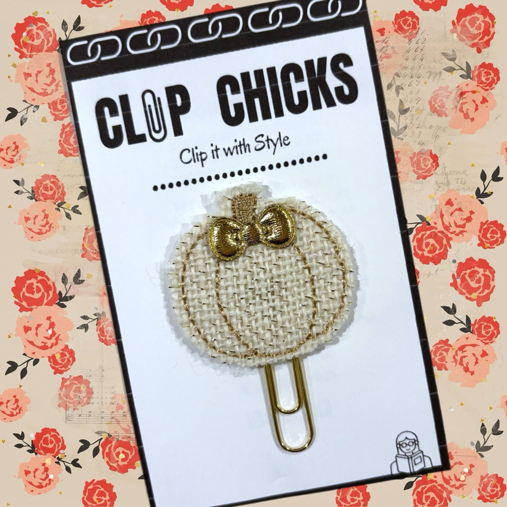 Clip Chicks' Beige Burlap Pumpkin paper clip is shown in its package.