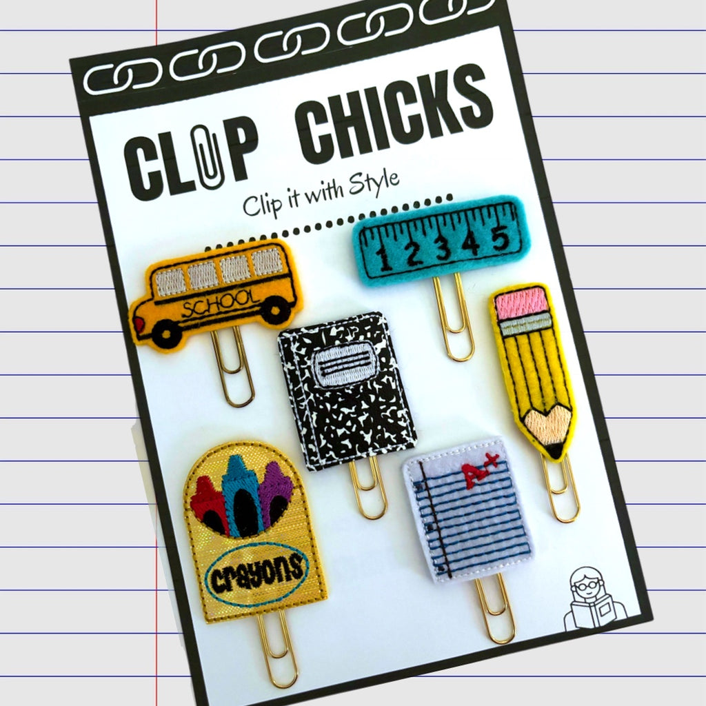 Clip Chicks' set of 6 School Supplies novelty paper clips are shown with their cute packaging.